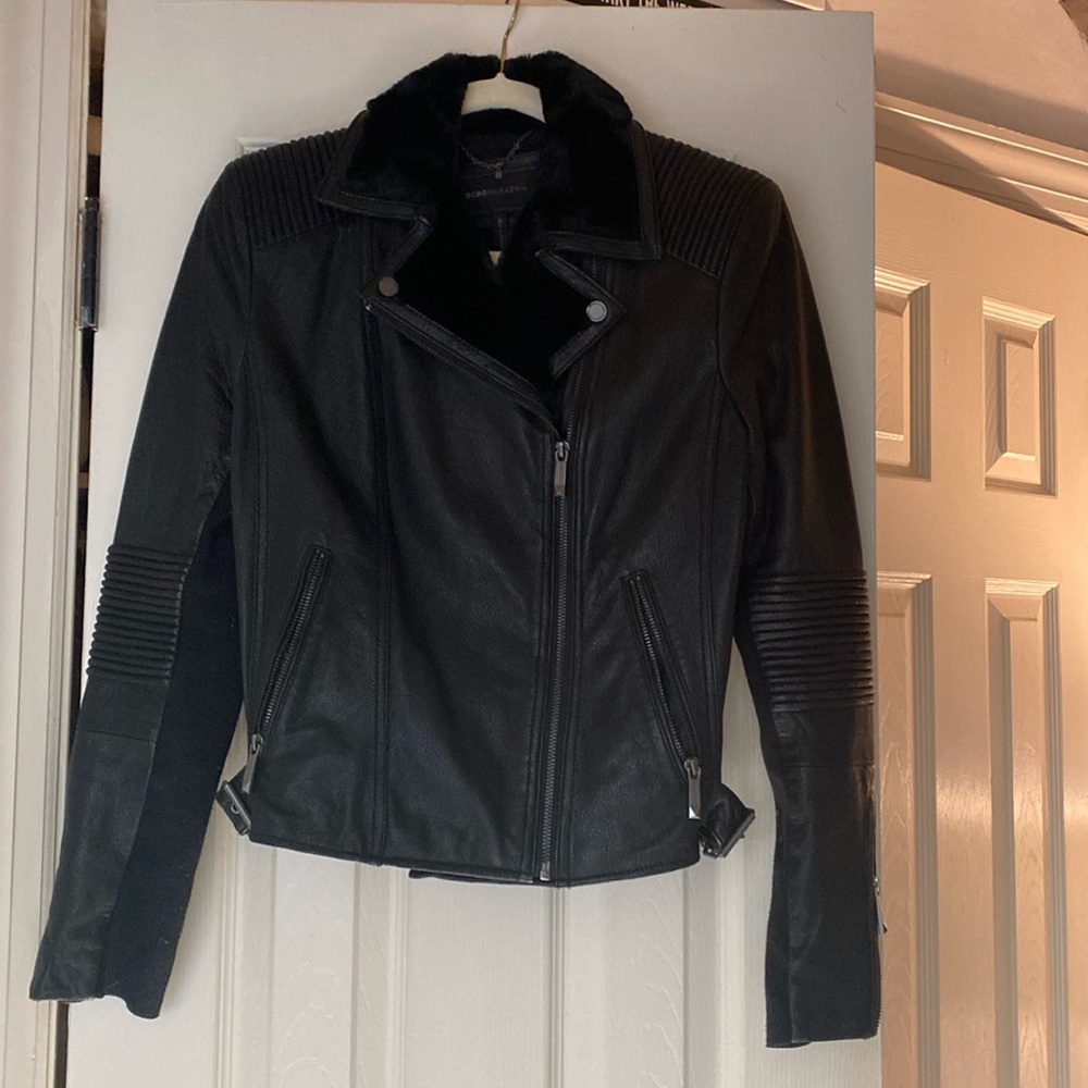 BCBGMaxAzria Dark Leather Jacket with Ribbed Accents